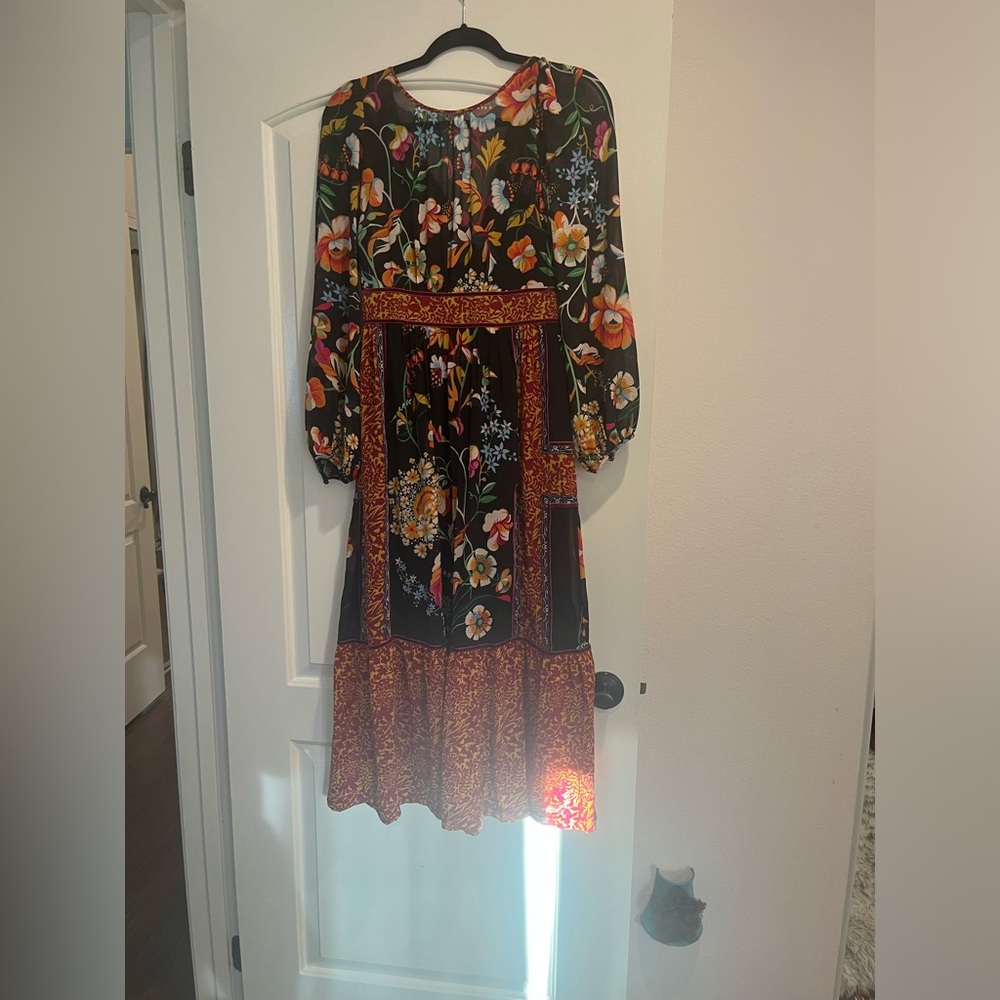 Anthropologie Black Floral Long-Sleeve Midi Dress with Rust and Yellow Accents